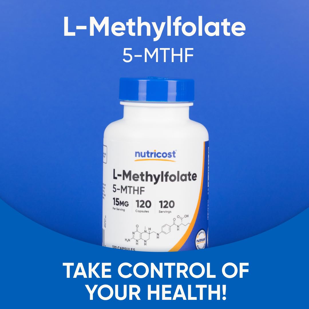 Vegan non-GMO gluten-free Nutricost L-Methylfolate icon signaling clean formula.