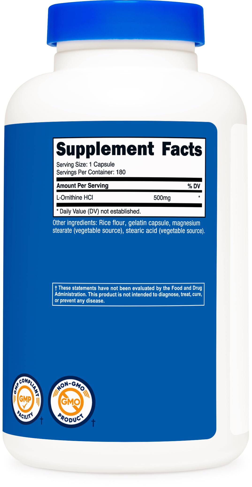 Nutricost L-Ornithine 500mg bottle in hand for convenience.
