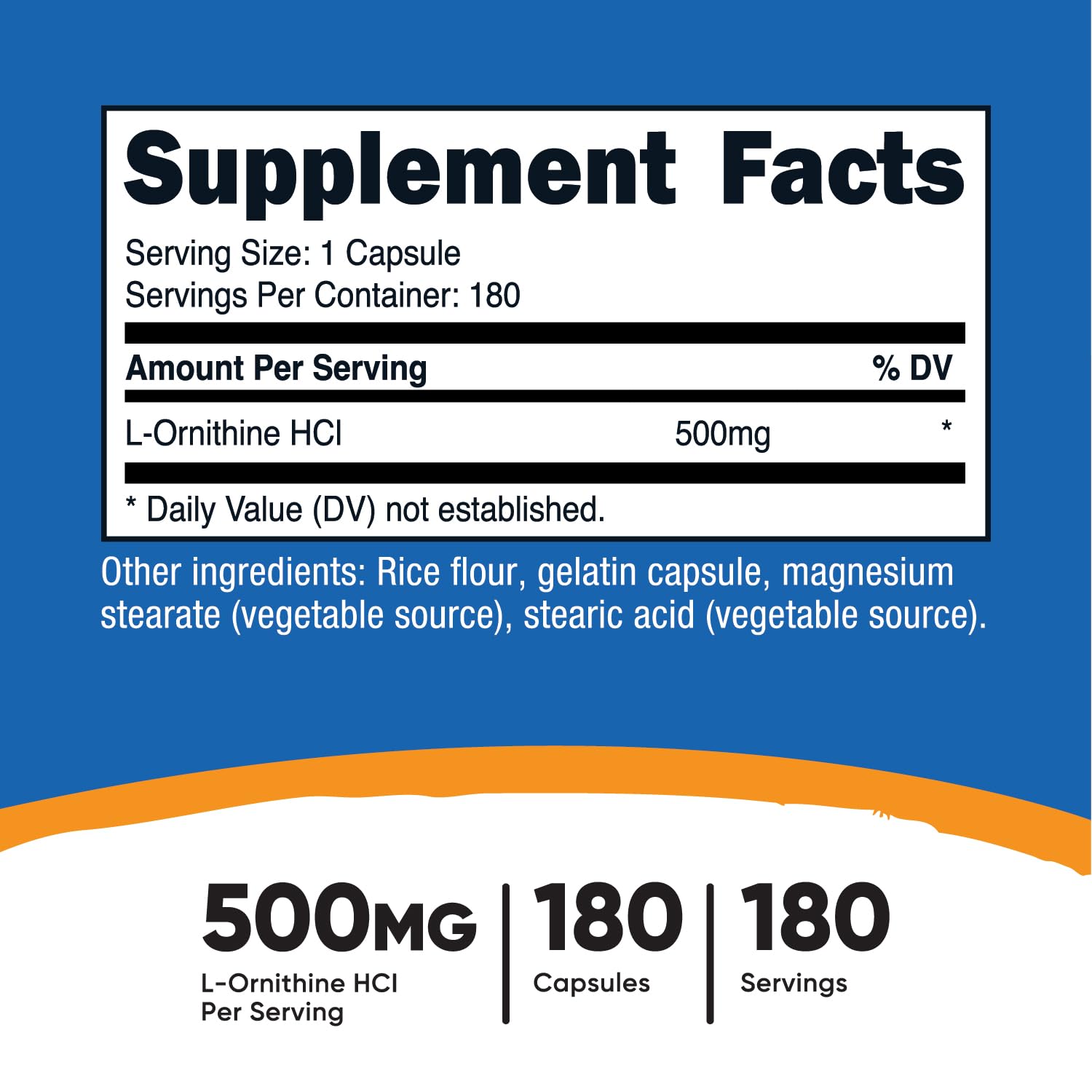 Nutricost L-Ornithine 500mg capsules per bottle, easy daily use.