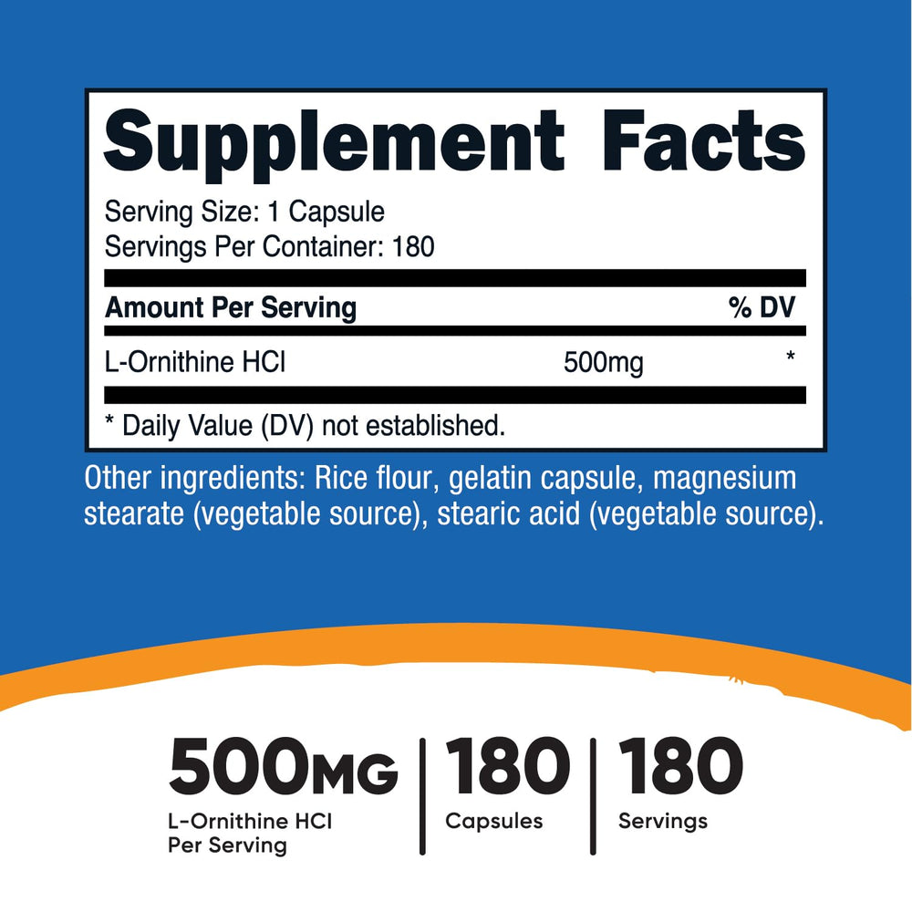 Nutricost L-Ornithine 500mg capsules per bottle, easy daily use.