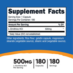 Nutricost L-Ornithine 500mg capsules per bottle, easy daily use.