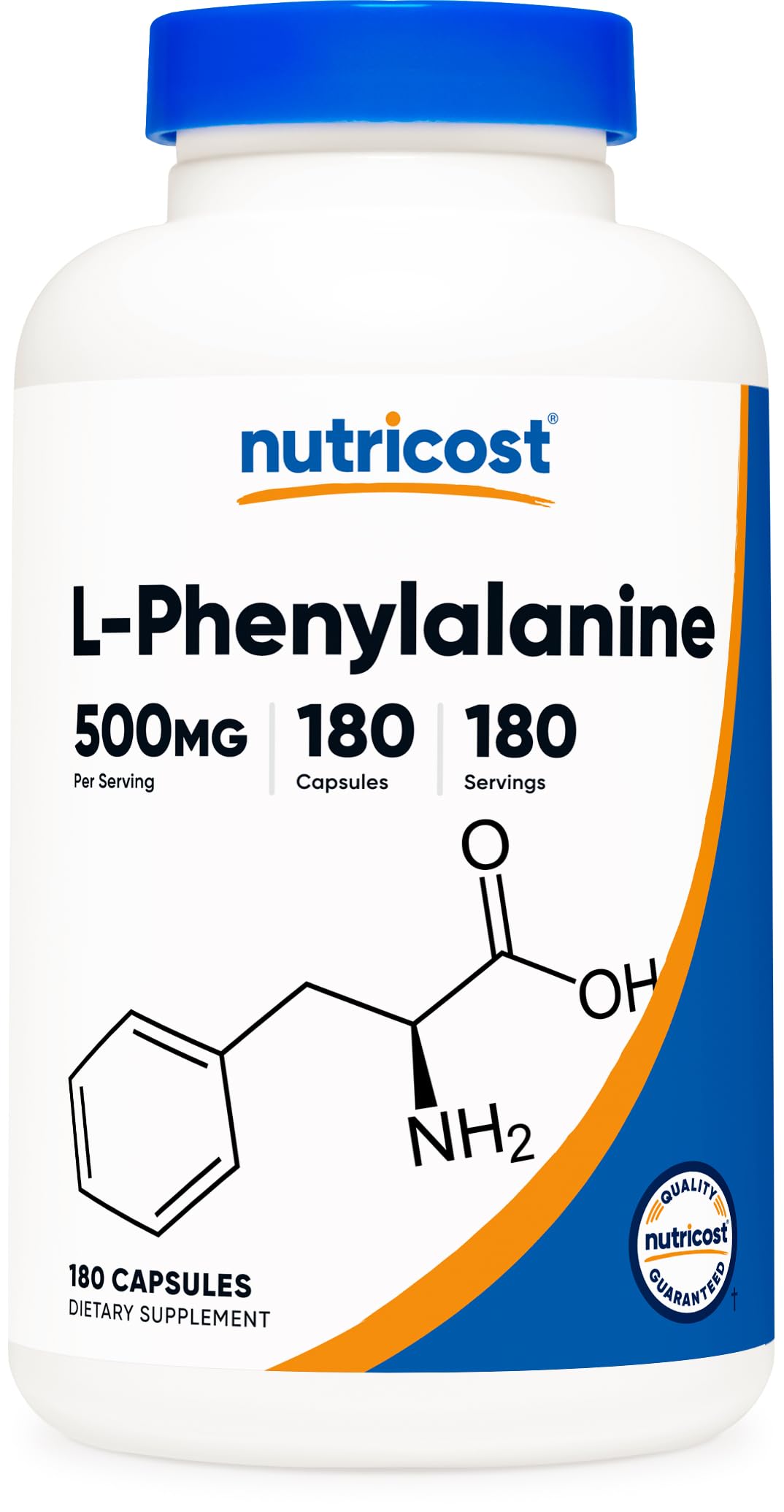 Nutricost L-Phenylalanine bottle front with clear dosage information.