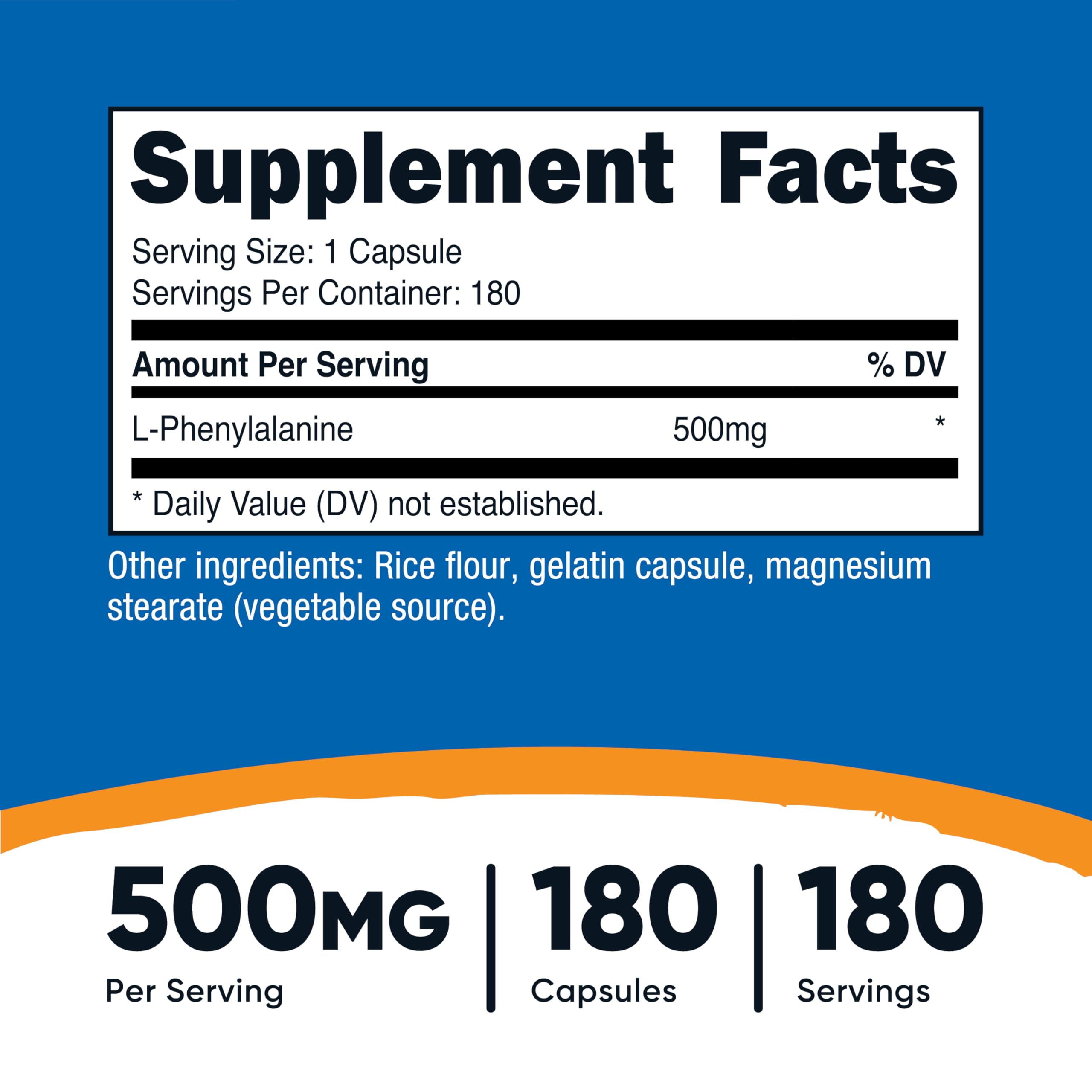 Nutricost L-Phenylalanine capsules inside provide 500mg per capsule for convenient dosing.