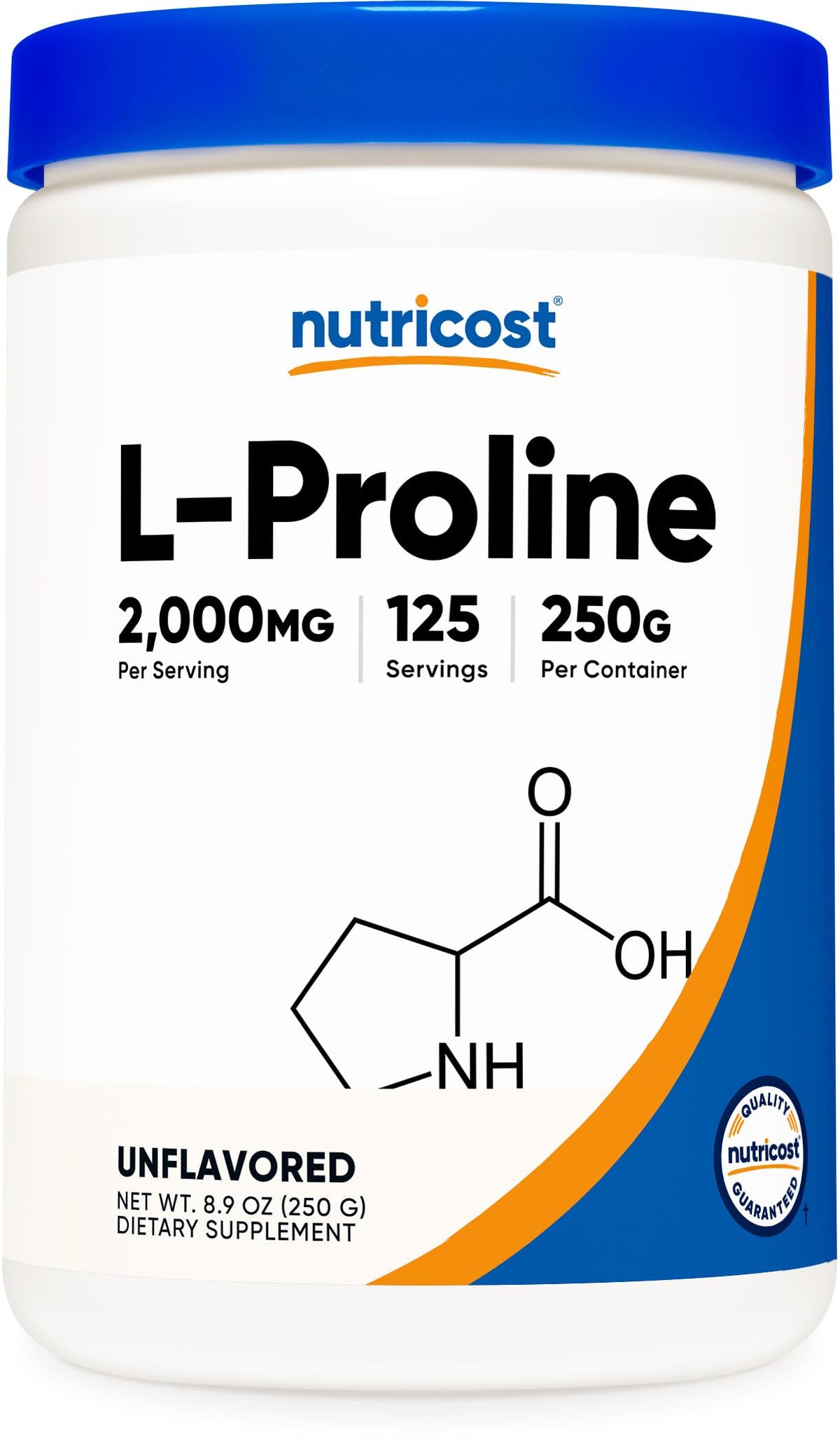 Nutricost L-Proline powder bottle (250 g) for convenient daily supplementation.