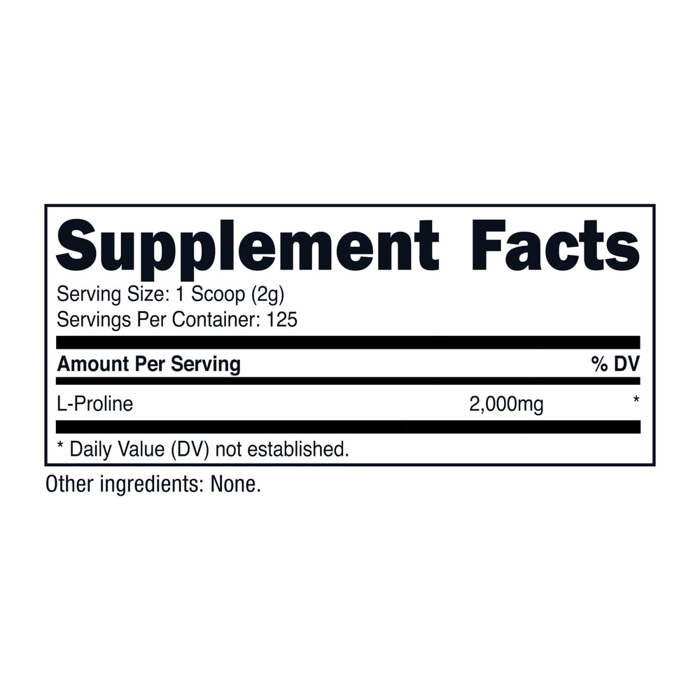 Nutricost L-Proline powder produced in GMP-compliant, FDA-registered facility.