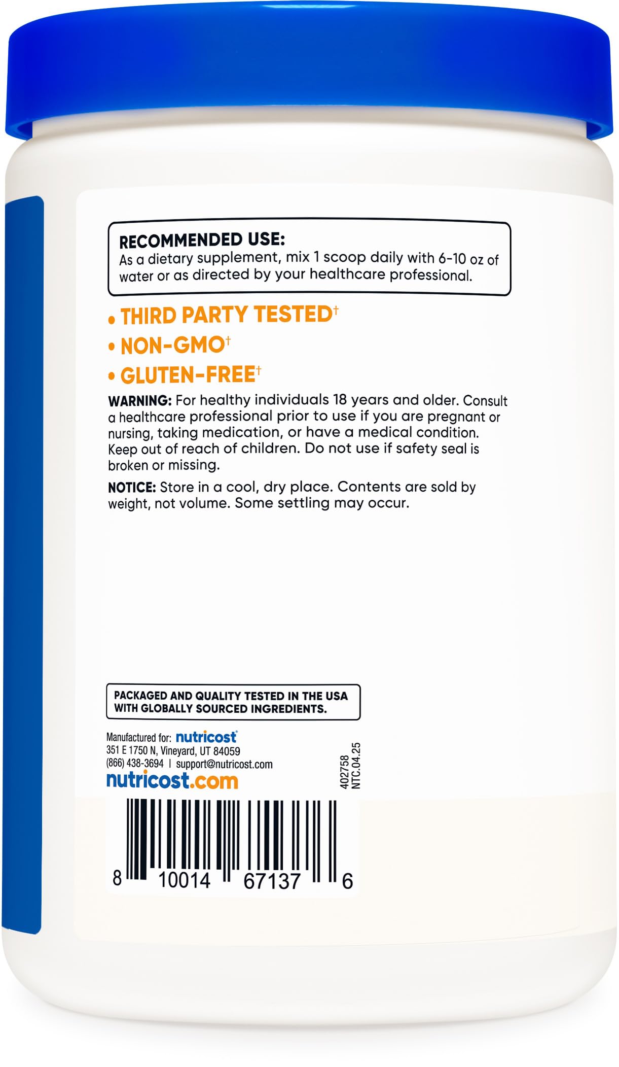 Nutricost L-Proline powder gluten-free icon on jar for gluten-free users.