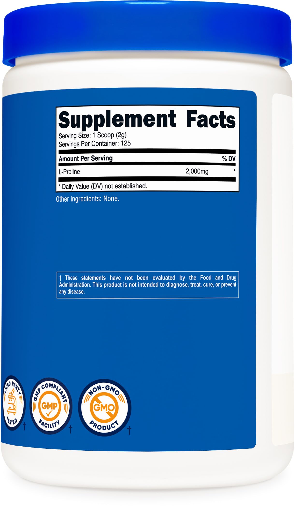 Nutricost L-Proline powder packaging displays non-GMO seal.