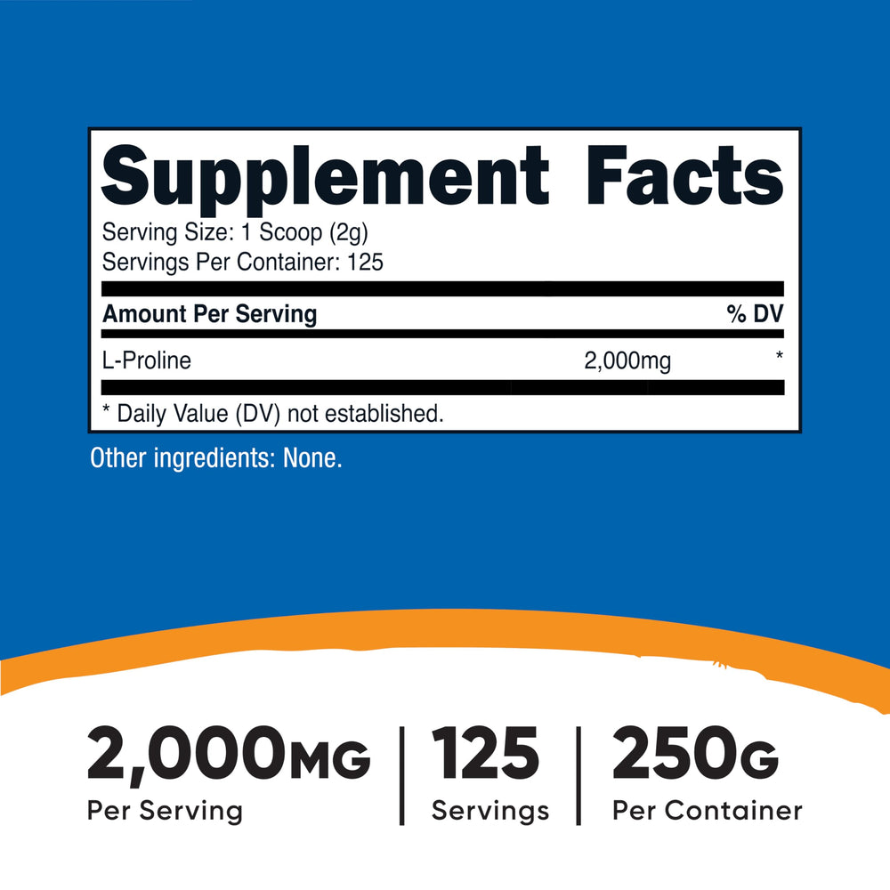 Nutricost L-Proline powder with scoop showing easy portioning at home.