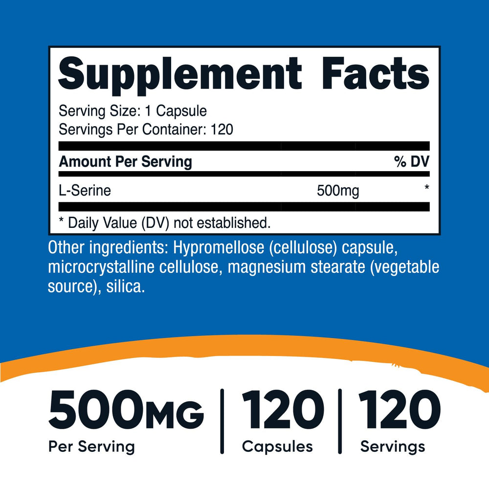 Nutricost L-Serine capsule close-up showing vegetarian, non-GMO capsules.