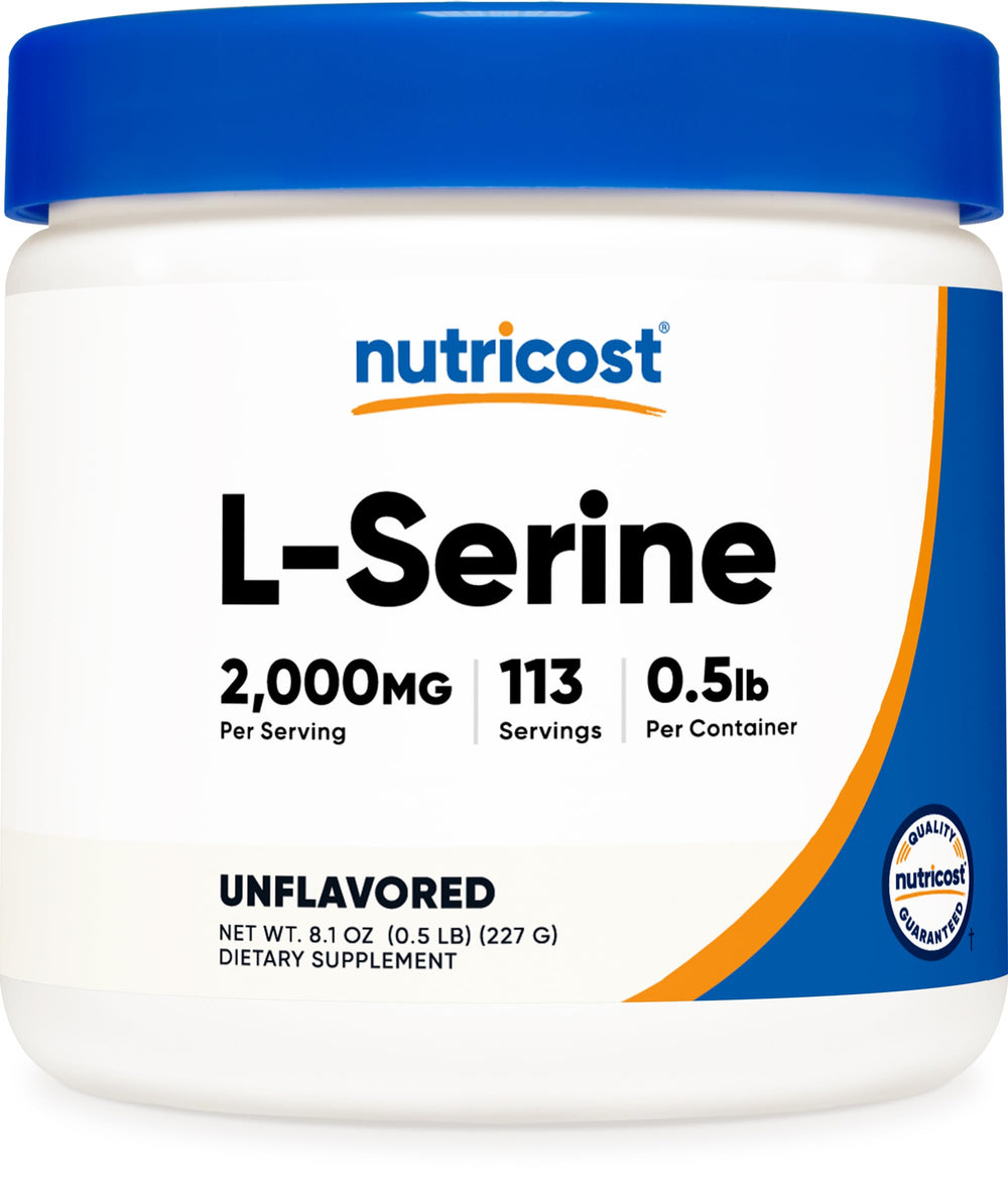 Nutricost L-Serine powder bottle with label, ideal for daily supplement routine