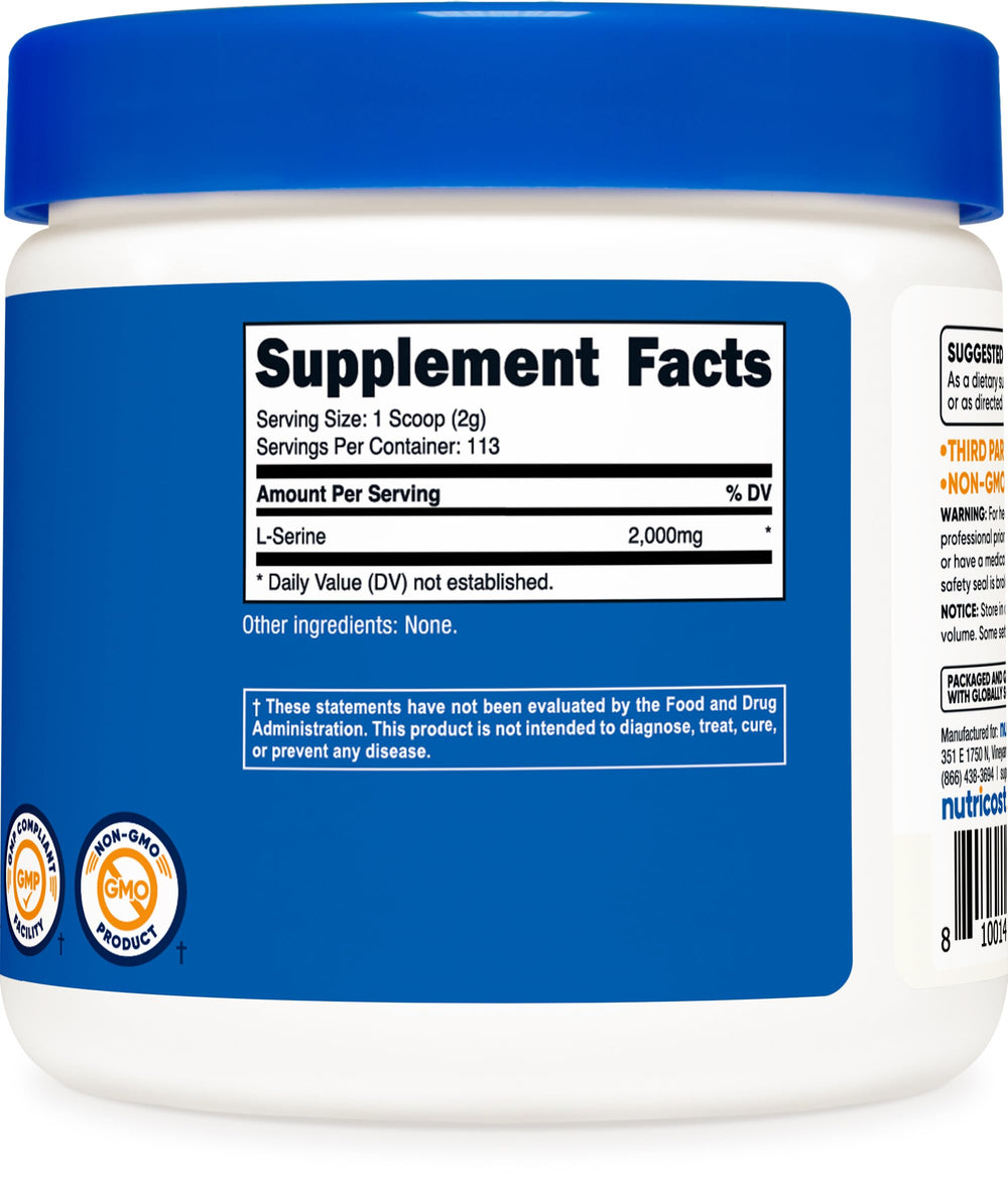 Nutricost L-Serine powder label displaying serving information and ingredients