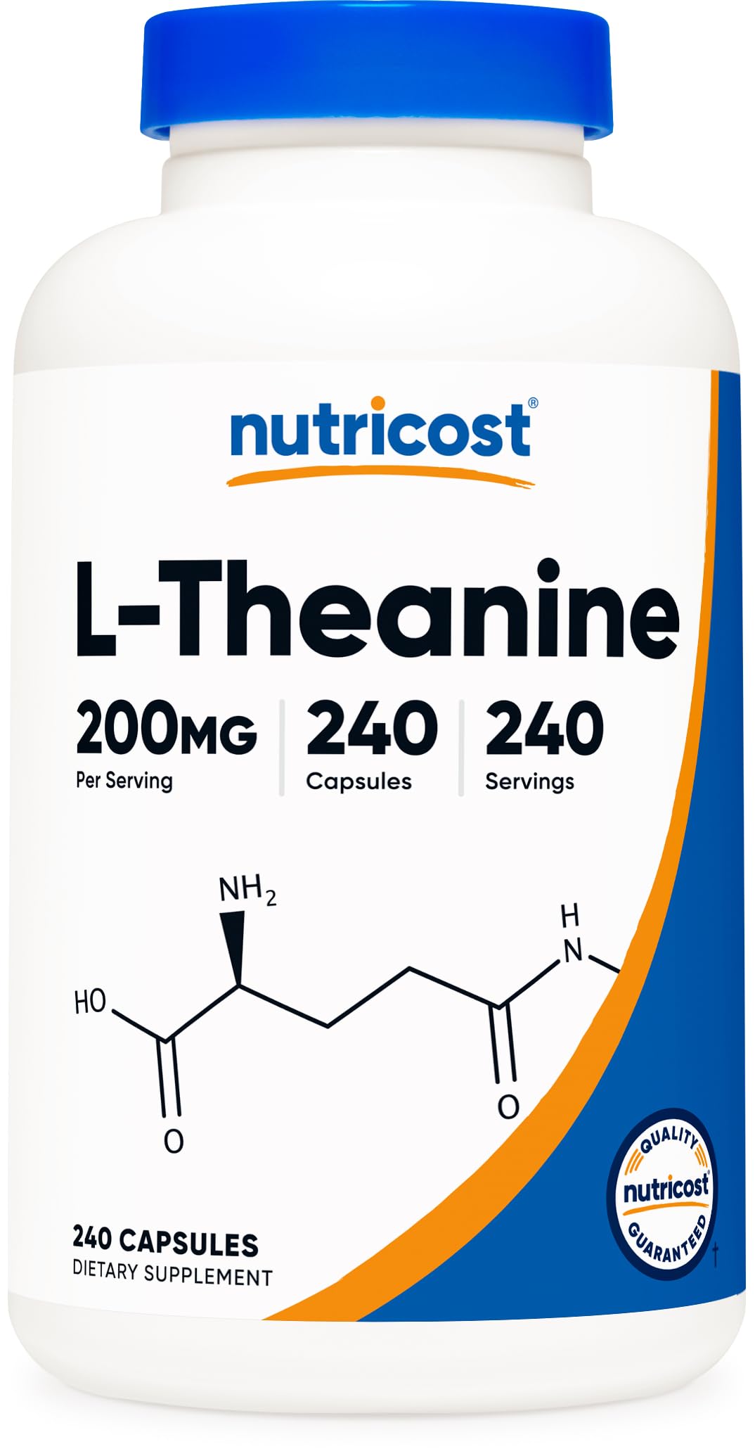 Nutricost L-Theanine 200mg bottle front view for calm focus routine.