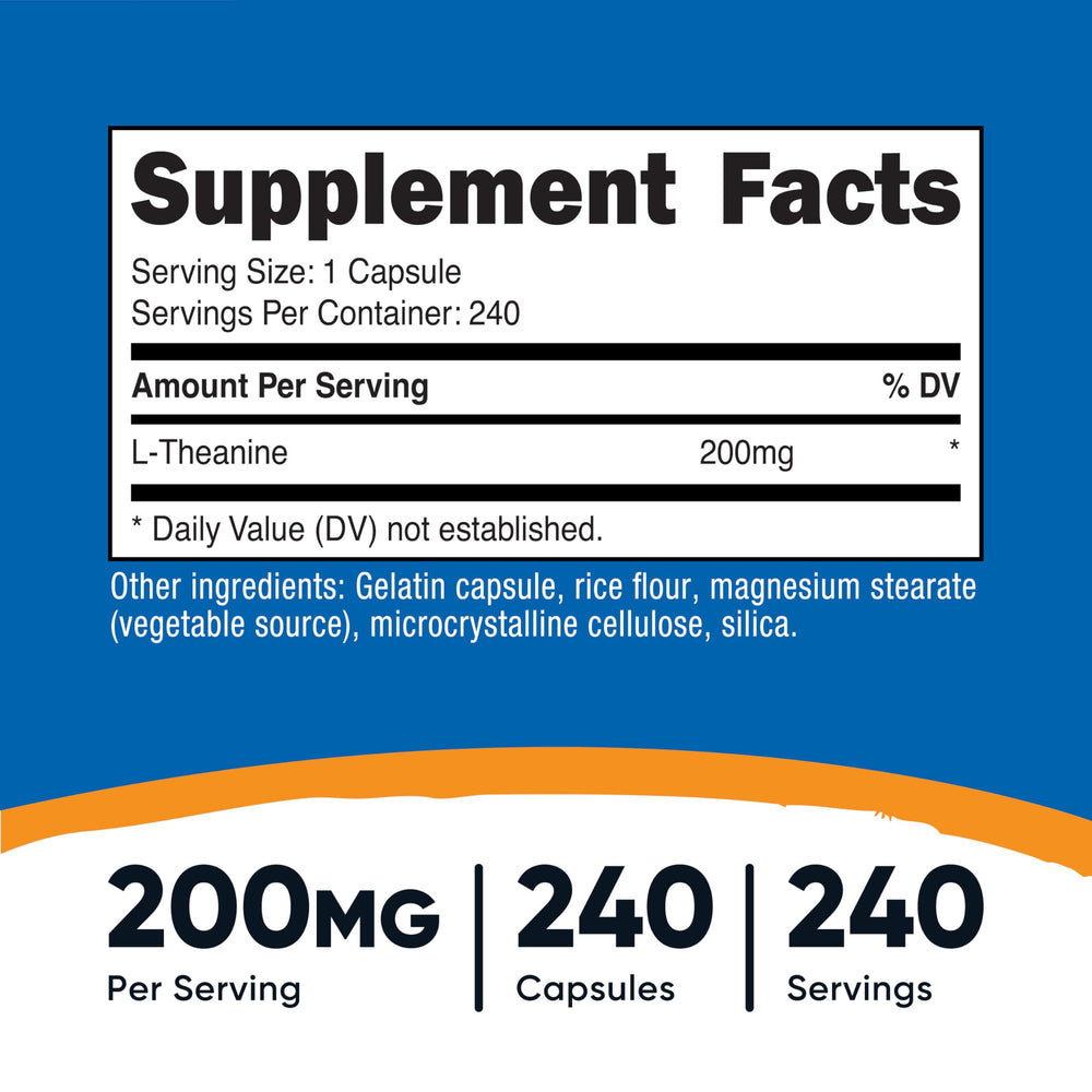Nutricost L-Theanine 200mg bottle label with dosage guidance for daily use.