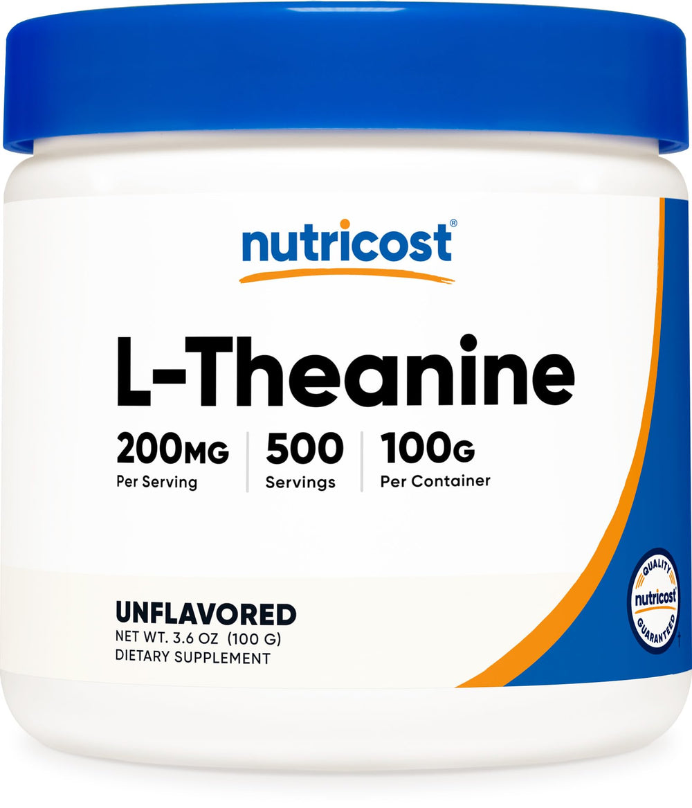 Nutricost L-Theanine powder bottle shows gluten-free, non-GMO formula for calm focus.