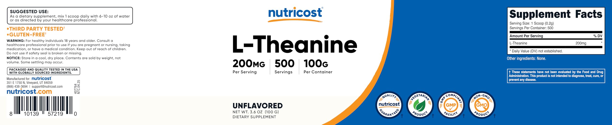 Nutricost L-Theanine powder label communicates gluten-free and non-GMO benefits.