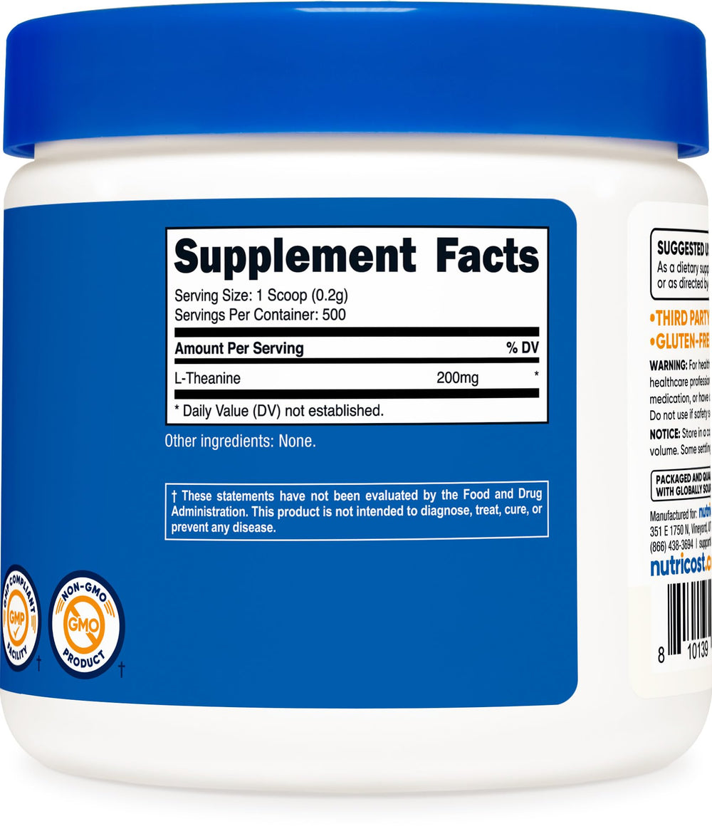Nutricost L-Theanine powder packaging shows 100 g bottle and certifications.