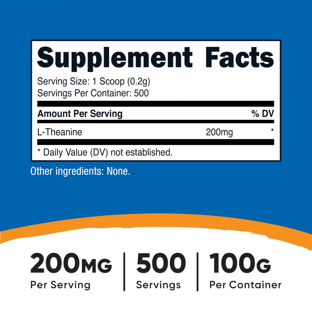 Nutricost L-Theanine powder scoop demonstrates easy 200 mg serving for daily use.