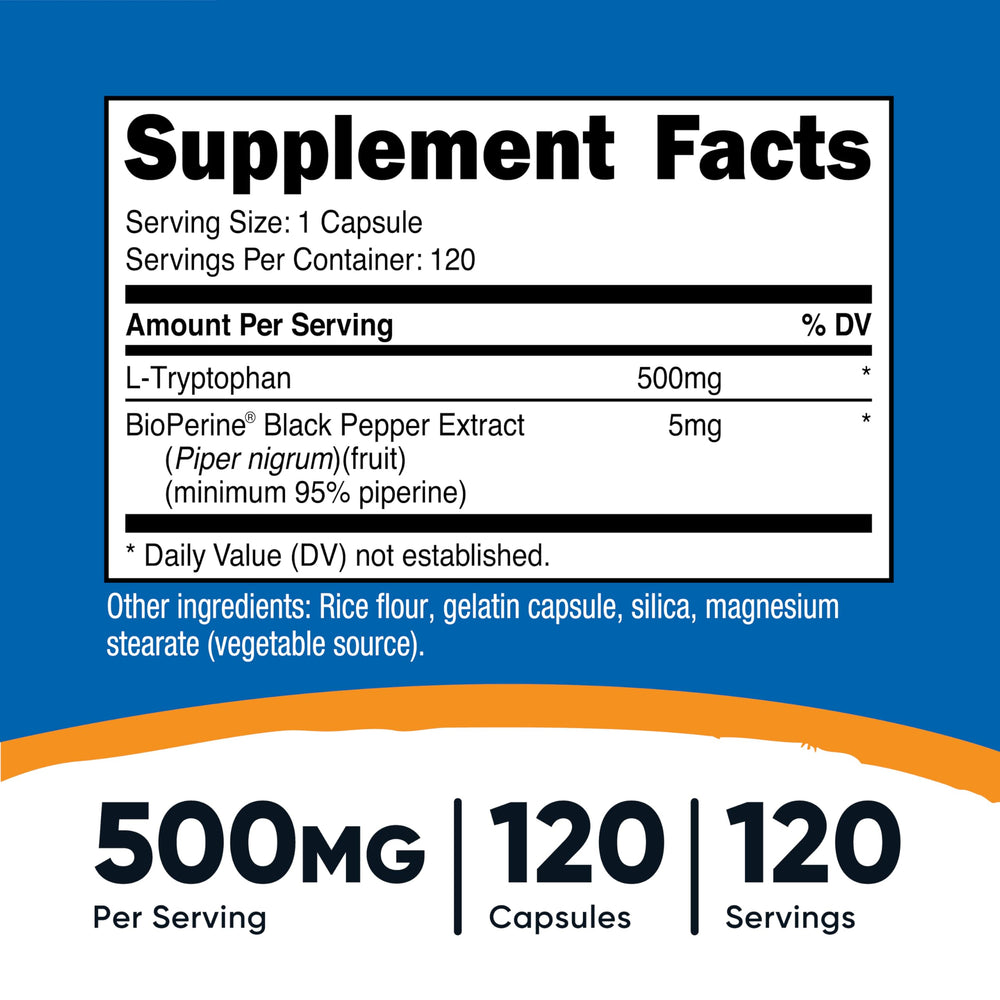 Nutricost L-Tryptophan capsules close-up for easy swallowing.