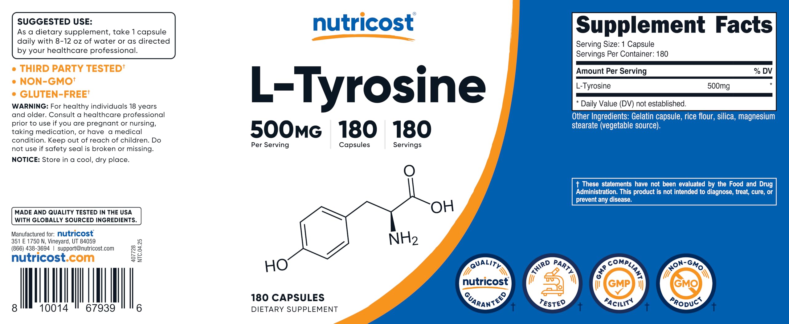 Nutricost L-Tyrosine 500mg bottle top view showing quality manufacturing credentials.
