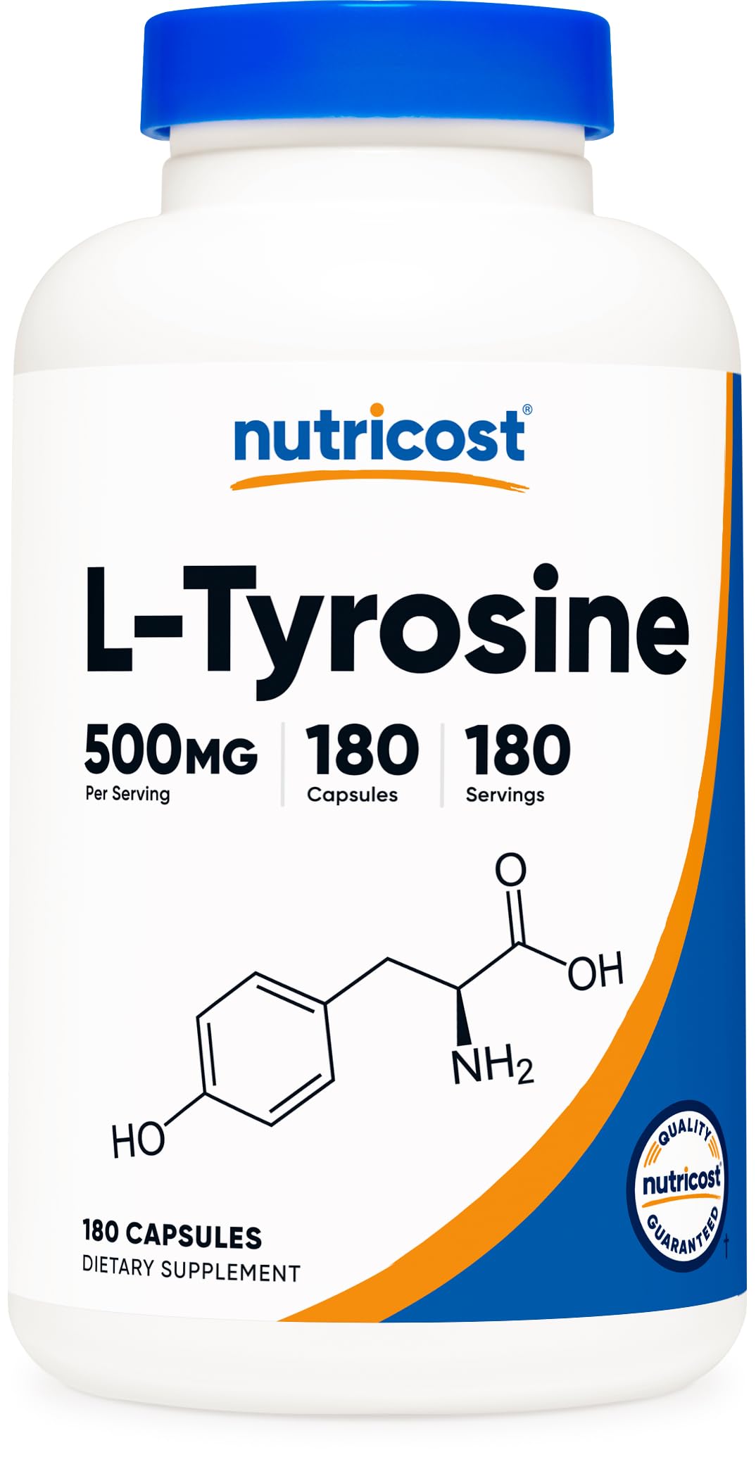 Nutricost L-Tyrosine 500mg bottle front view for daily wellness.