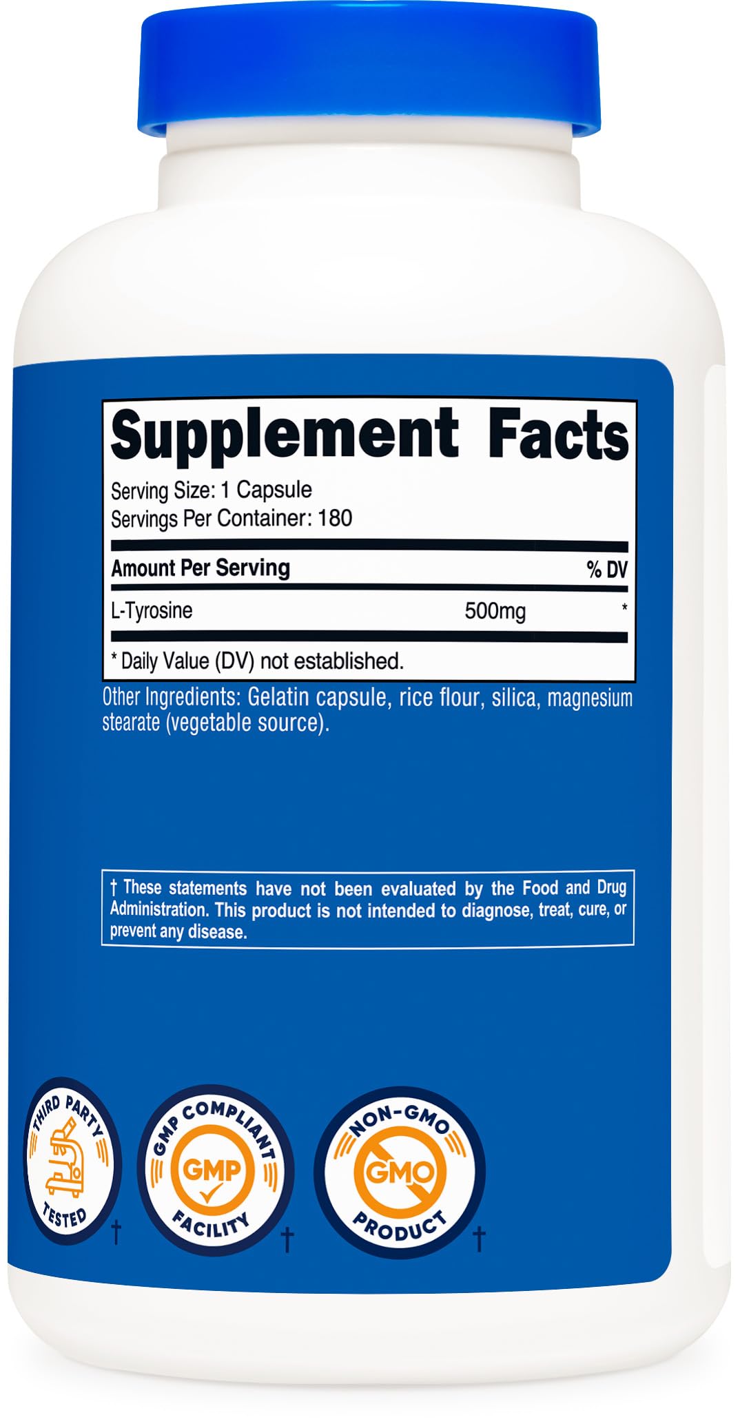 Nutricost L-Tyrosine 500mg bottle next to a glass of water for easy intake.