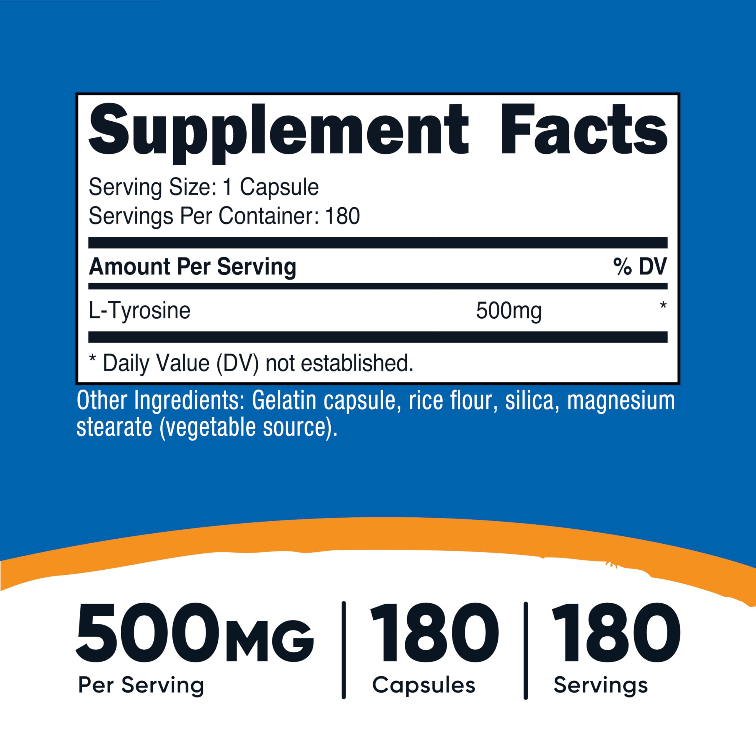 Nutricost L-Tyrosine 500mg capsules close-up showing dosage per capsule.