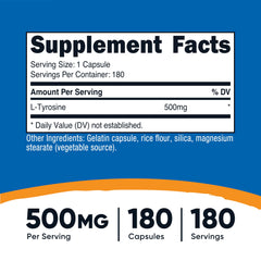 Nutricost L-Tyrosine 500mg capsules close-up showing dosage per capsule.