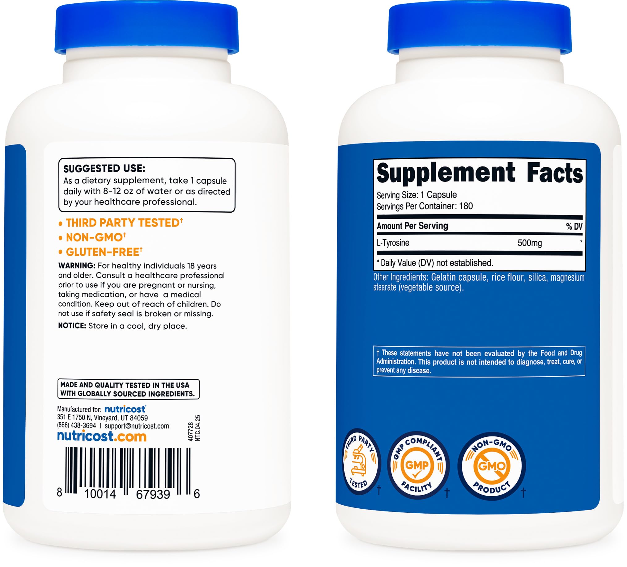 Nutricost L-Tyrosine 500mg capsules spilled beside bottle.