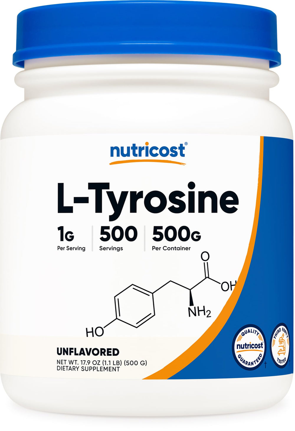 Nutricost L-Tyrosine powder bottle for pure daily supplementation.