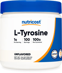 Nutricost L-Tyrosine powder bottle for daily use with a pure formula.