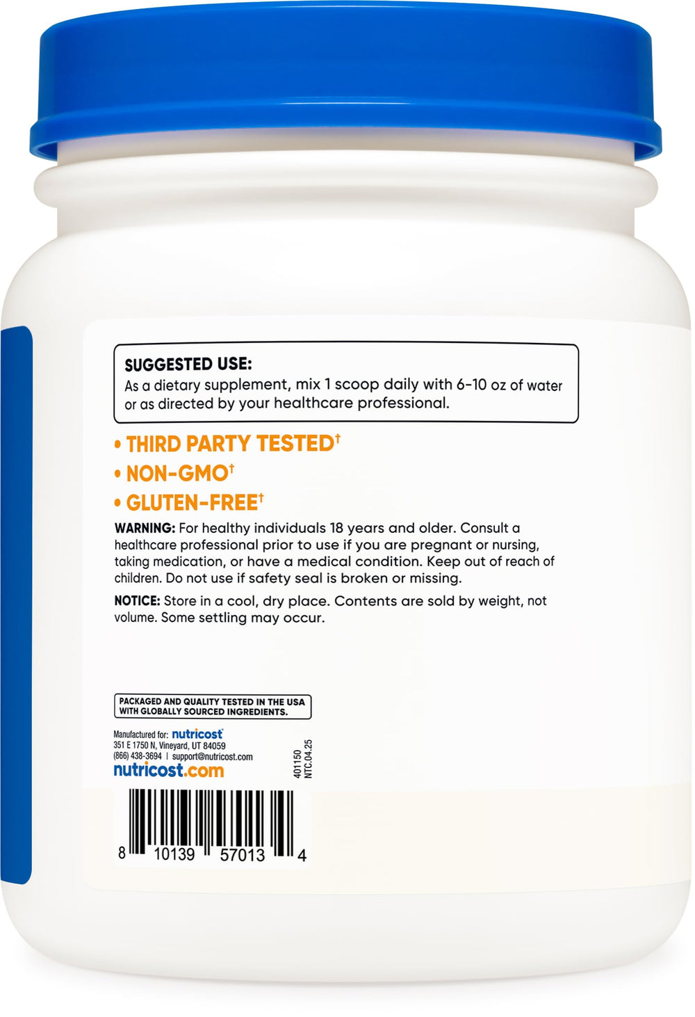 Nutricost L-Tyrosine powder container shown with GMP and FDA-registered quality behind the product.
