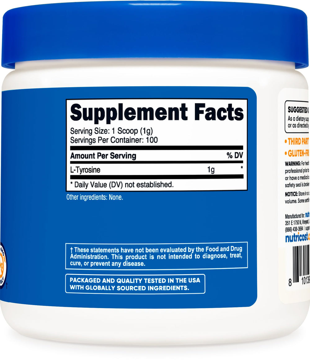 Nutricost L-Tyrosine powder bottle pouring for easy daily use.