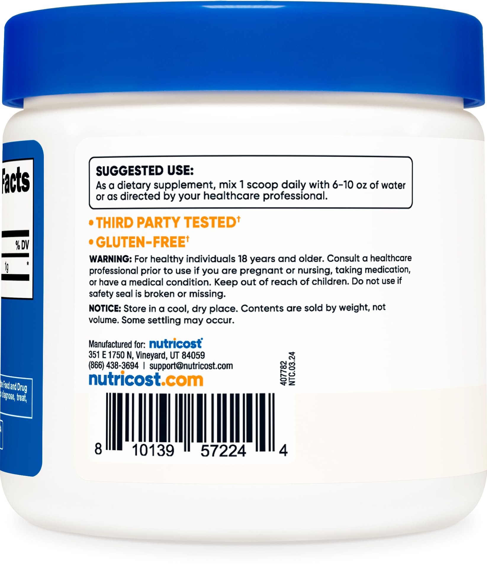 Nutricost L-Tyrosine powder ingredients panel confirms pure composition and manufacturing standards.