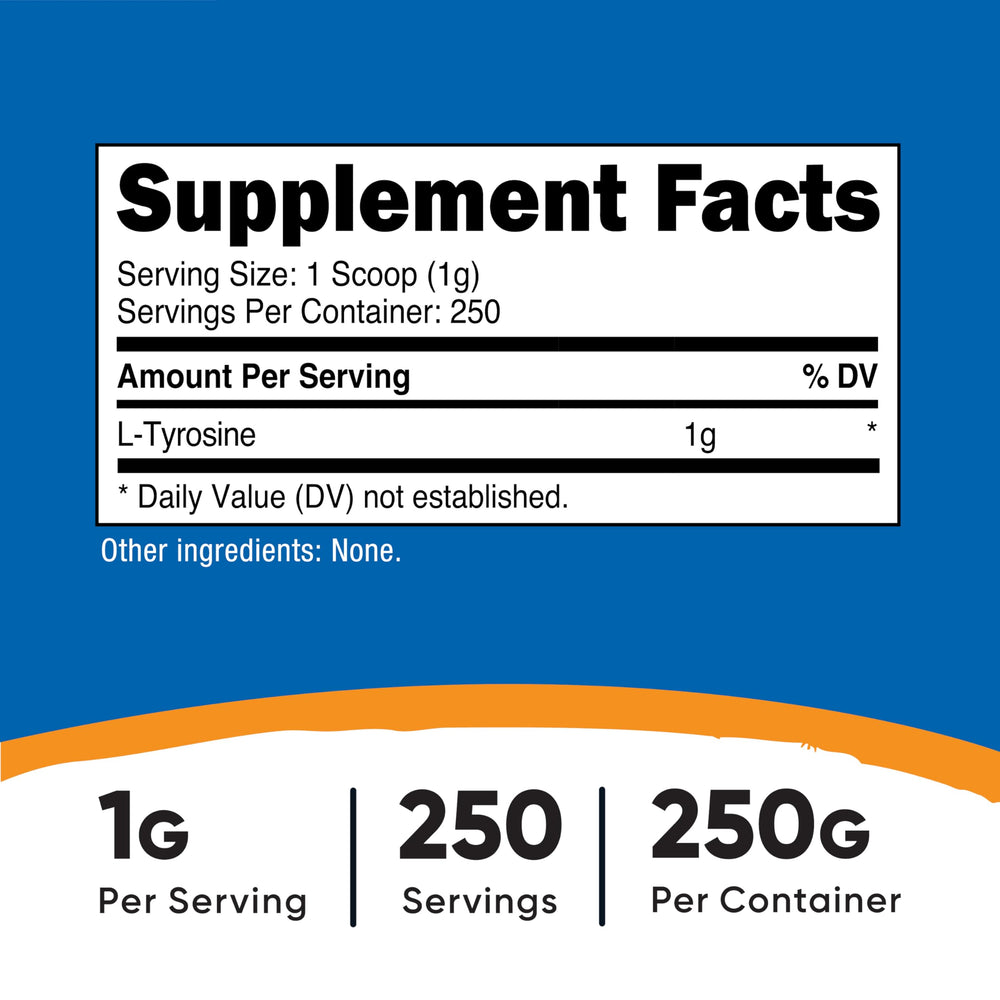 Close-up of Nutricost L-Tyrosine jar label highlighting purity