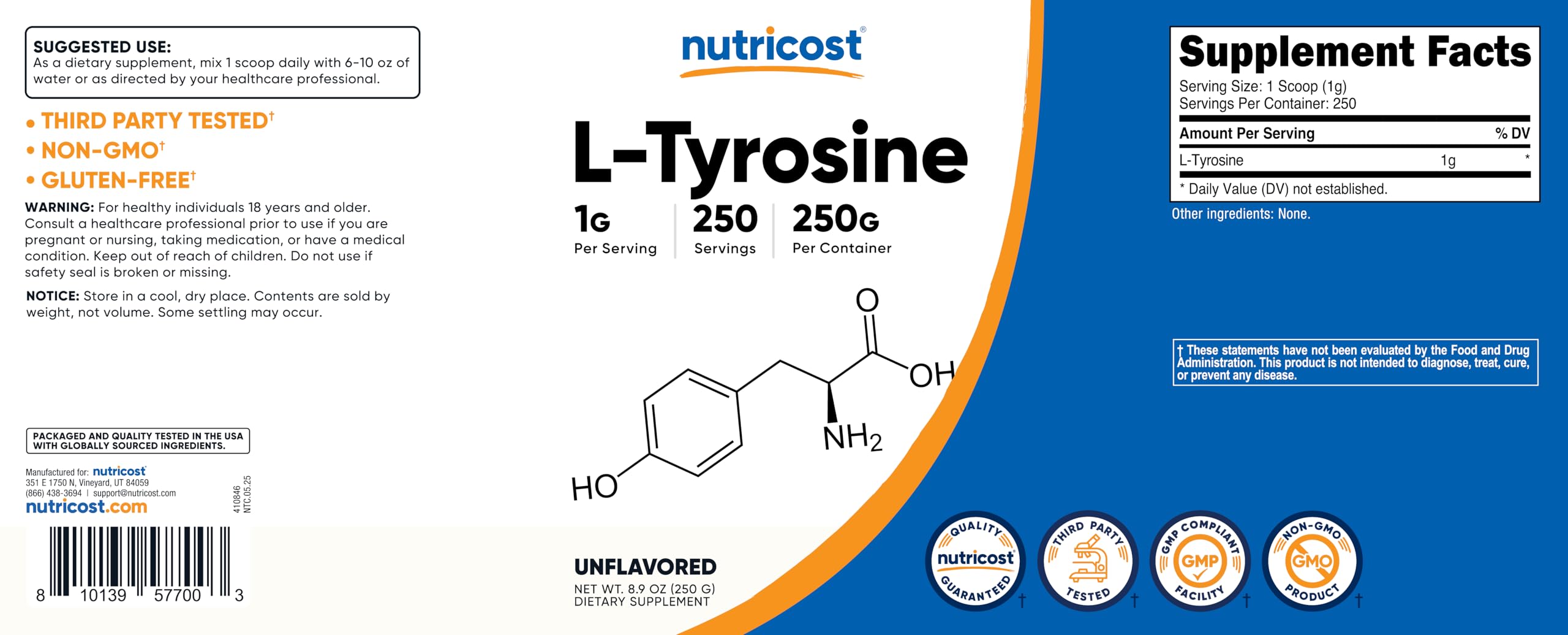Bottle and scoop of Nutricost L-Tyrosine on a kitchen counter