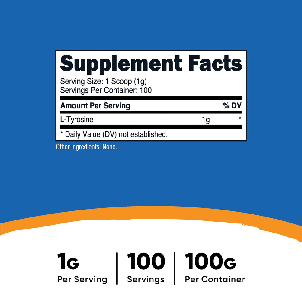 Nutricost L-Tyrosine powder scoop shows a precise 1 g serving for consistency.