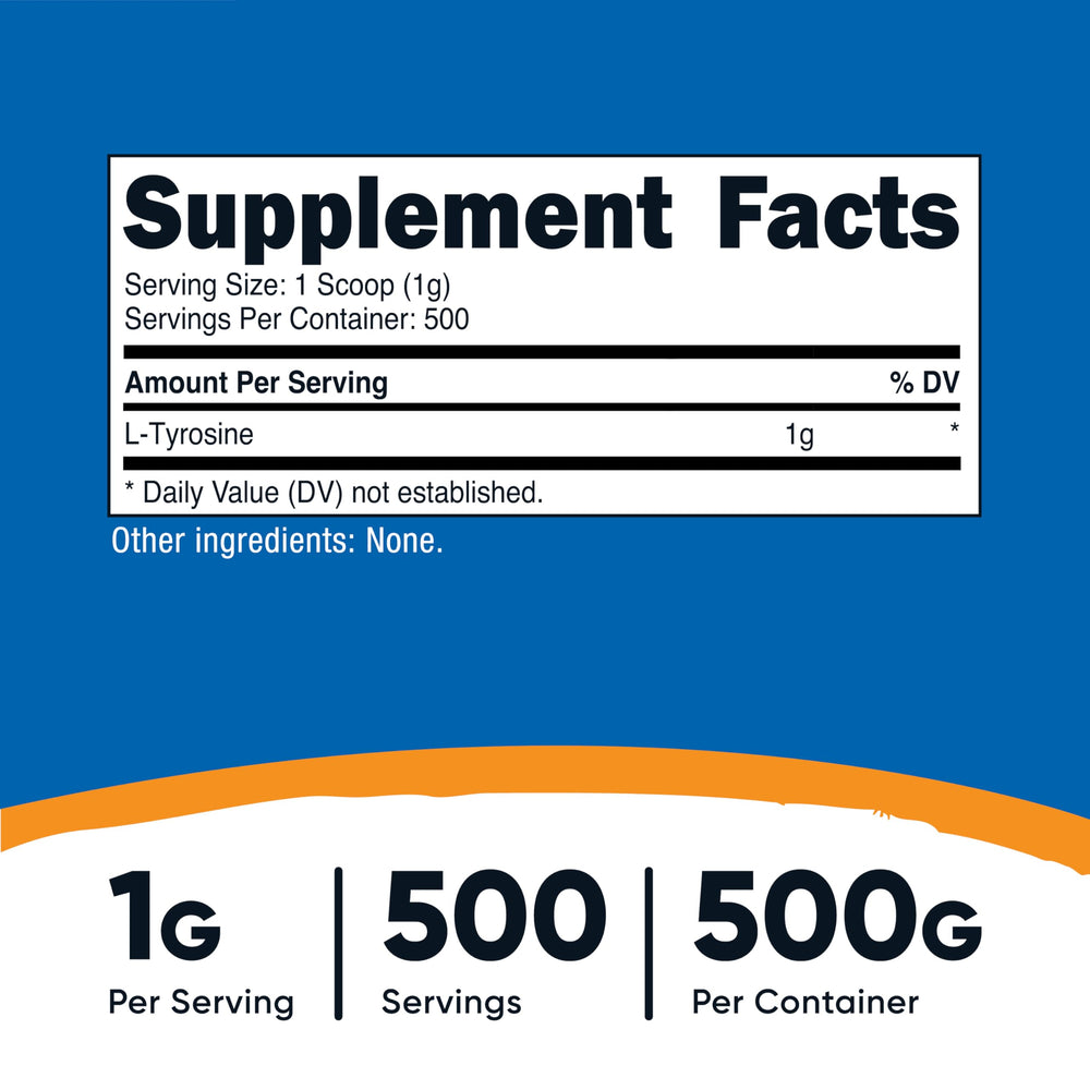 Nutricost L-Tyrosine powder with a serving emphasis on 1000 mg per serving.