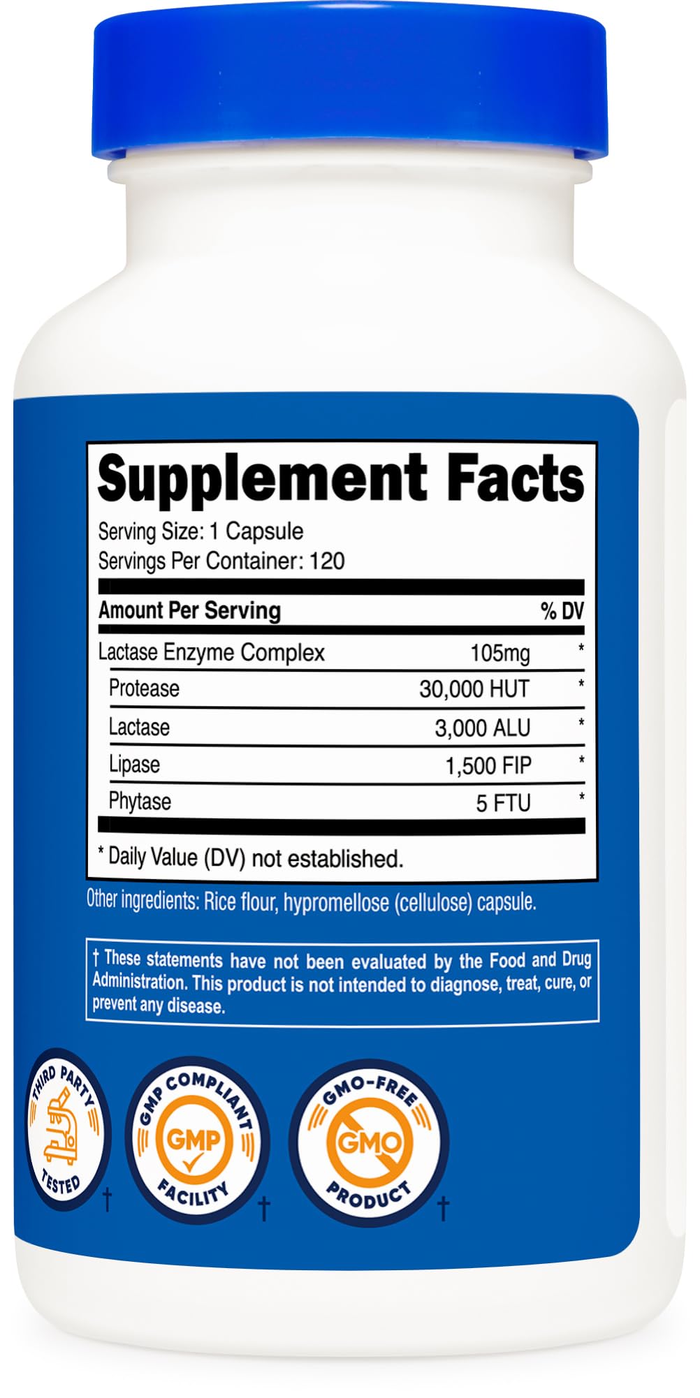 Nutricost Lactase Enzyme Complex FDA-registered facility badge on packaging