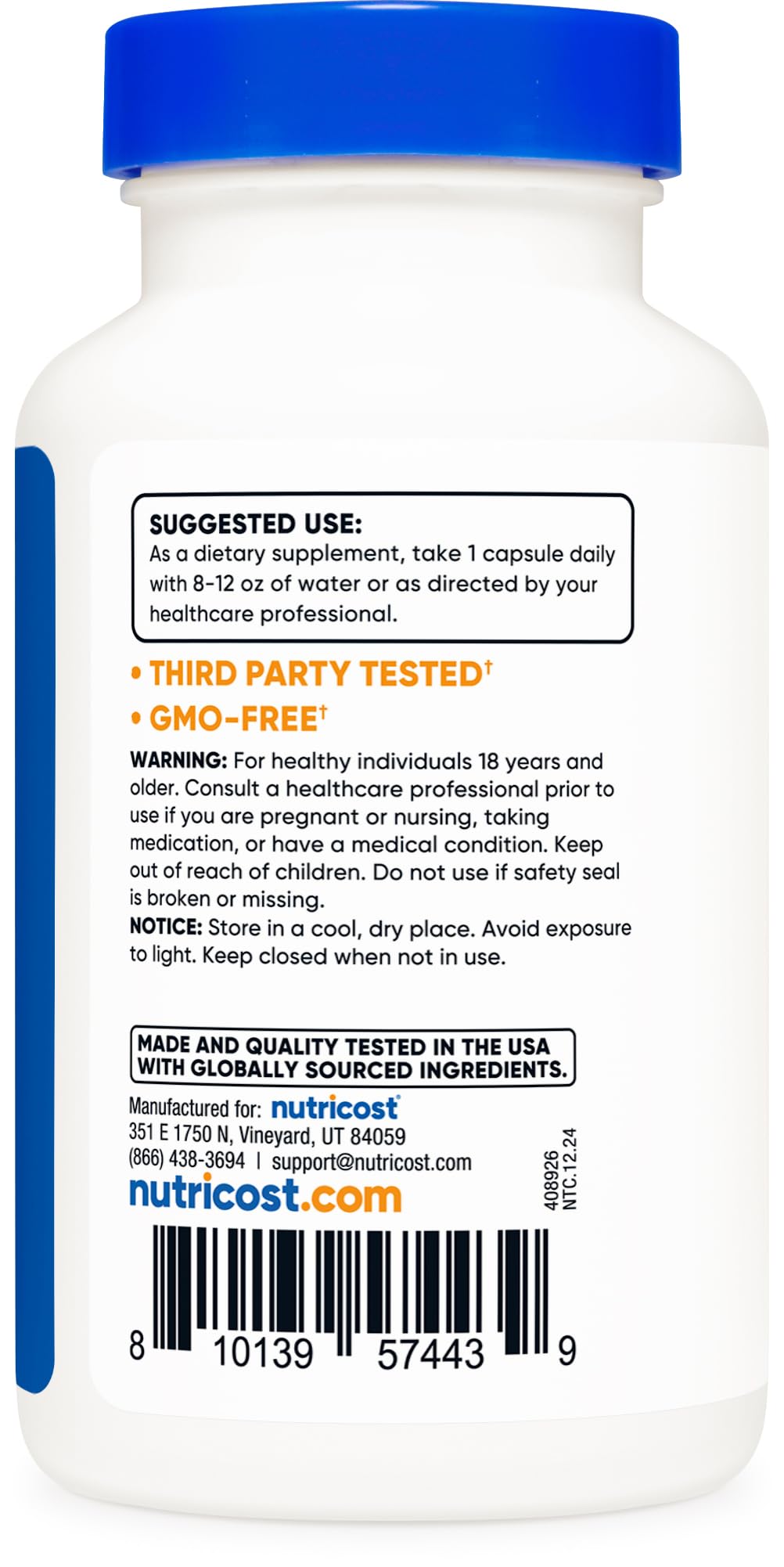Nutricost Lactase Enzyme Complex non-GMO gluten-free label for dietary choices