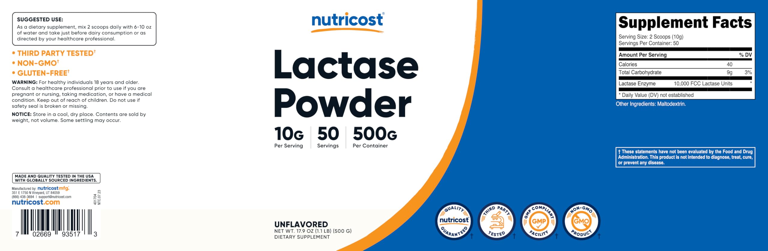 Nutricost Lactase Powder produced in an FDA-registered GMP facility