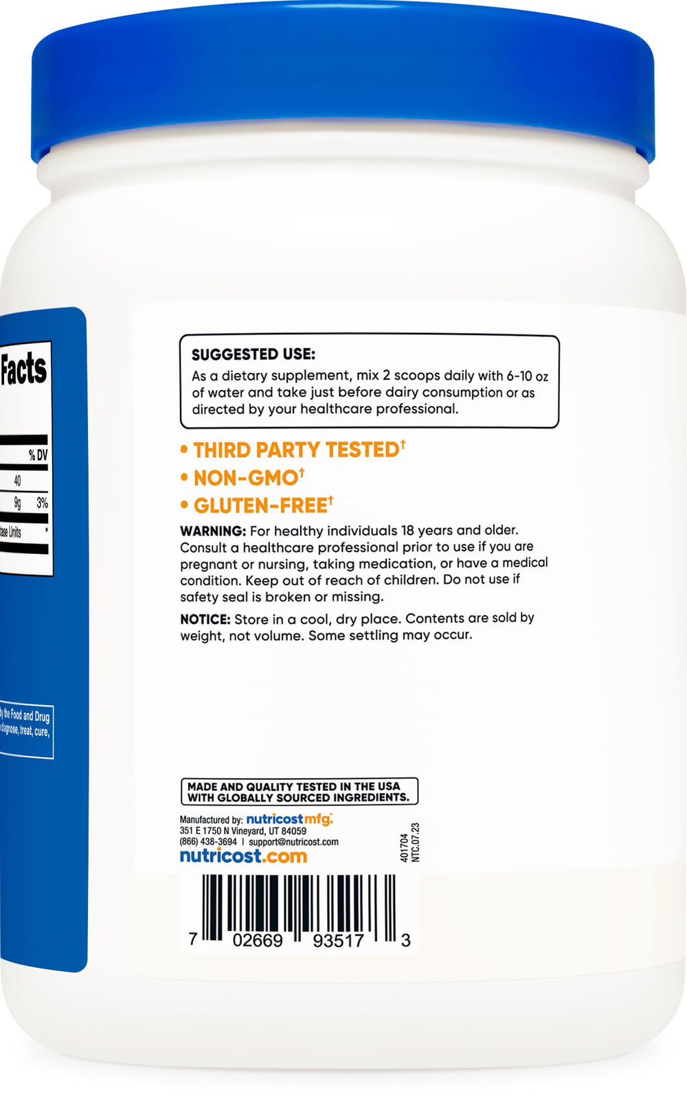 Nutricost Lactase Powder Non-GMO Gluten-Free label emphasizing quality