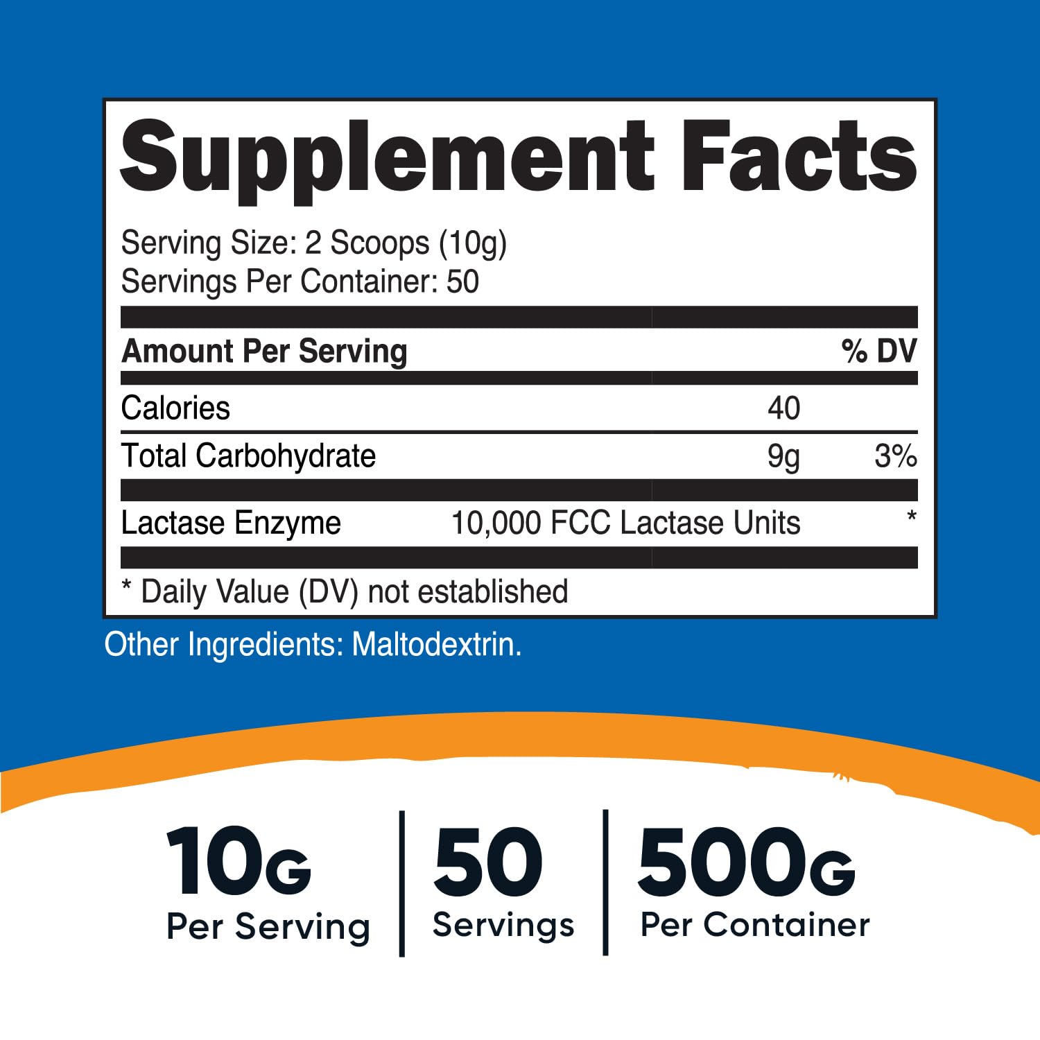 Nutricost Lactase Powder serving scoop showing a precise 10 g portion