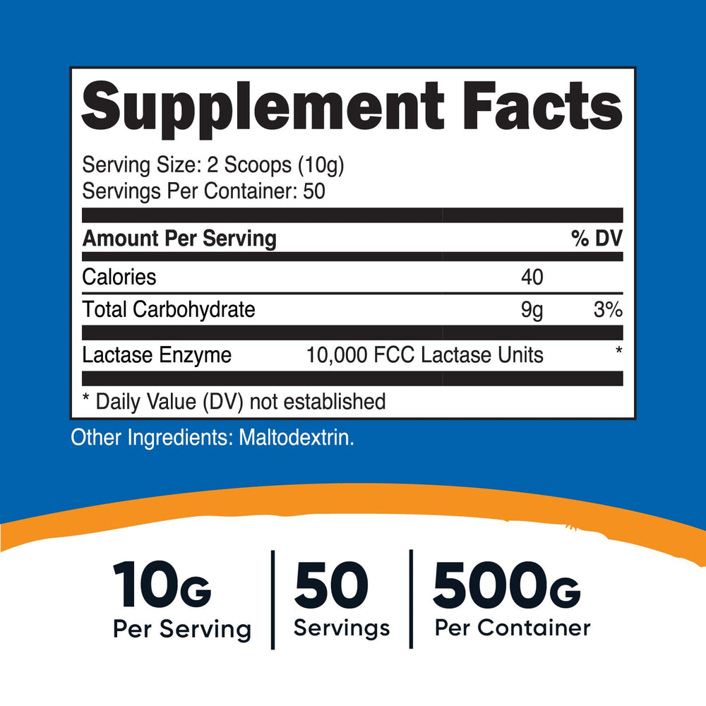 Nutricost Lactase Powder serving scoop showing a precise 10 g portion