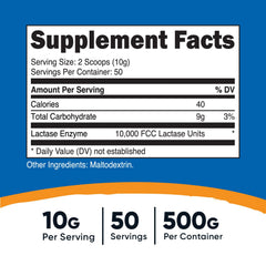 Nutricost Lactase Powder serving scoop showing a precise 10 g portion