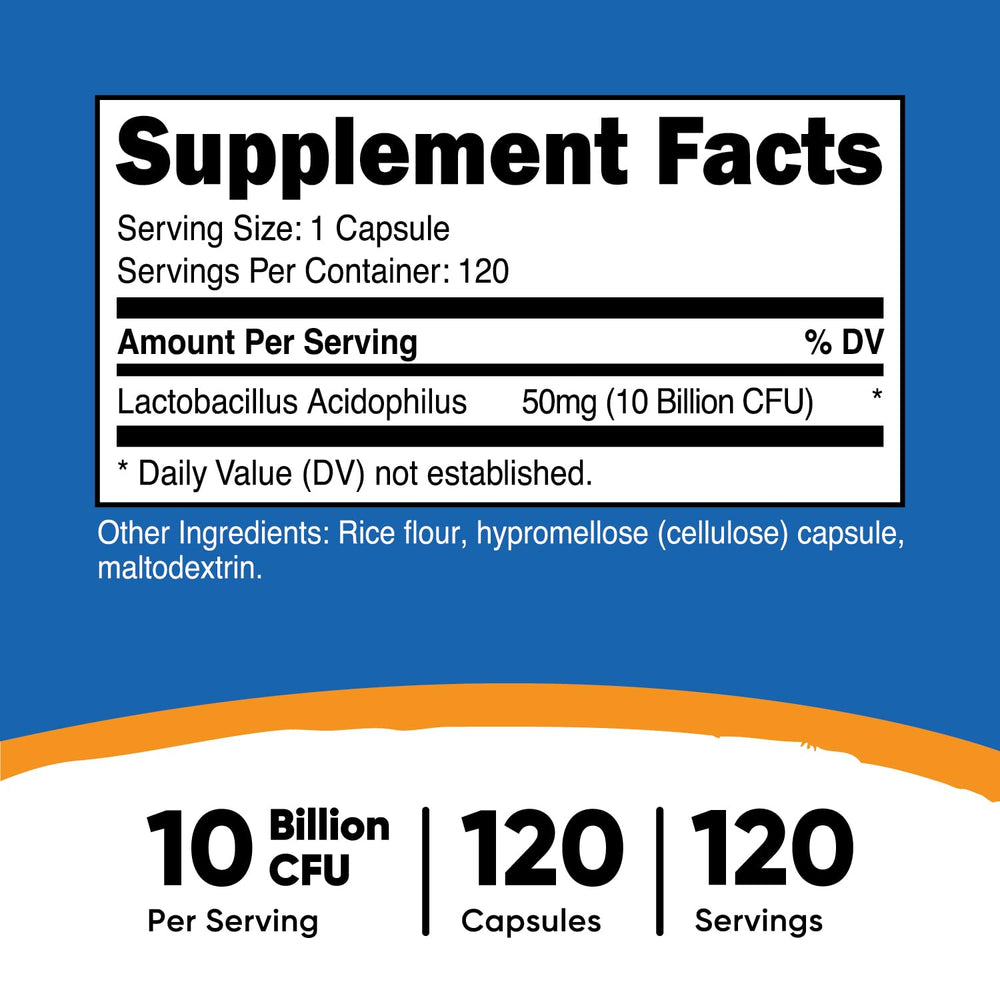 Nutricost Lactobacillus Acidophilus 120 capsules per bottle provides convenient daily probiotic support.