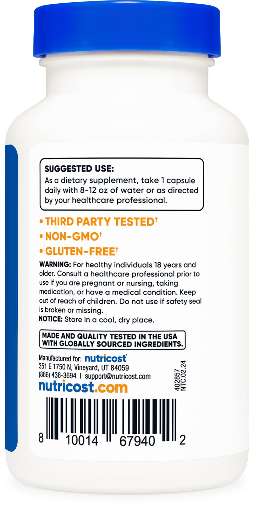 Nutricost Lactobacillus Acidophilus bottle indicating GMP and FDA registered facility.