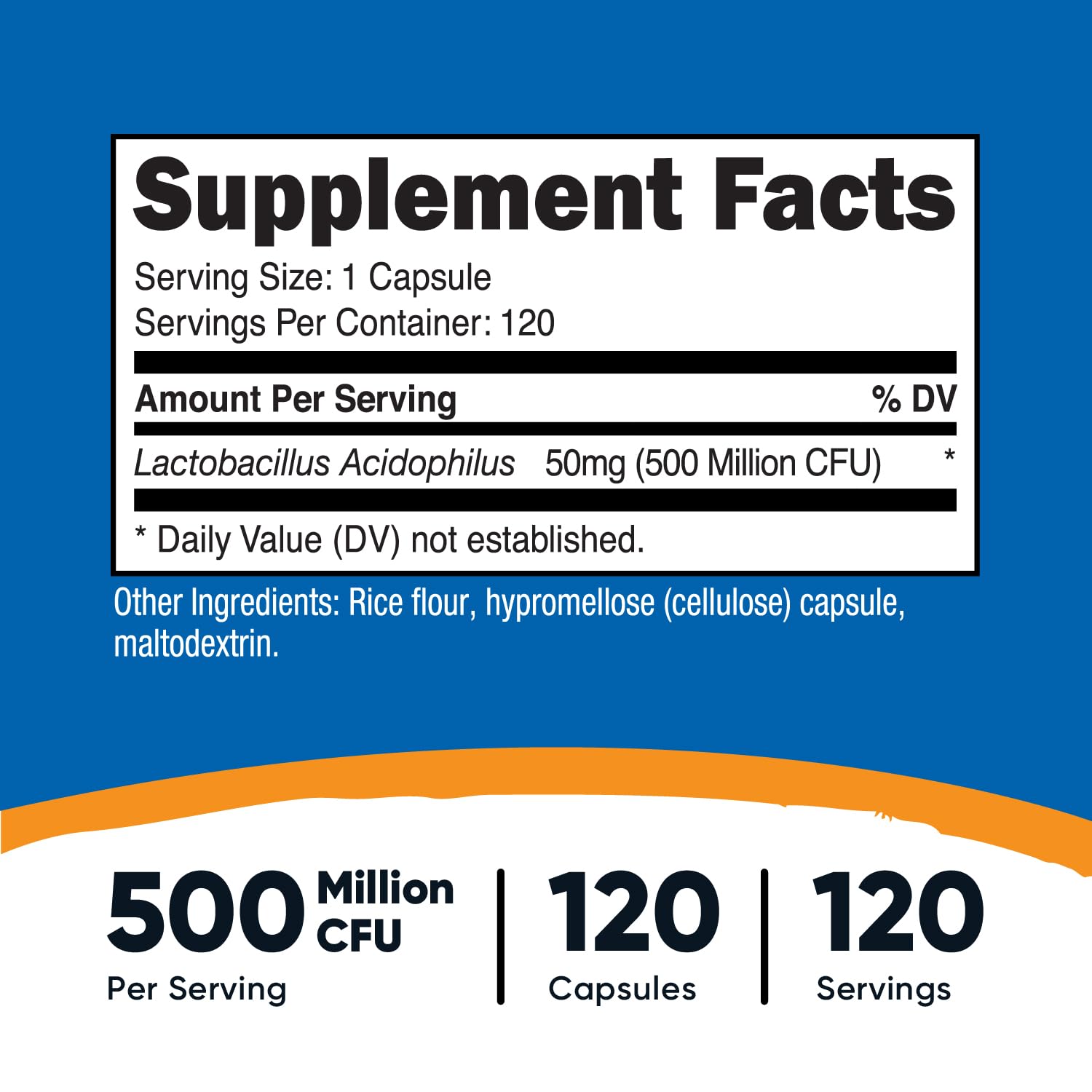 Nutricost Lactobacillus Acidophilus label detail shows 500 Million CFU per serving