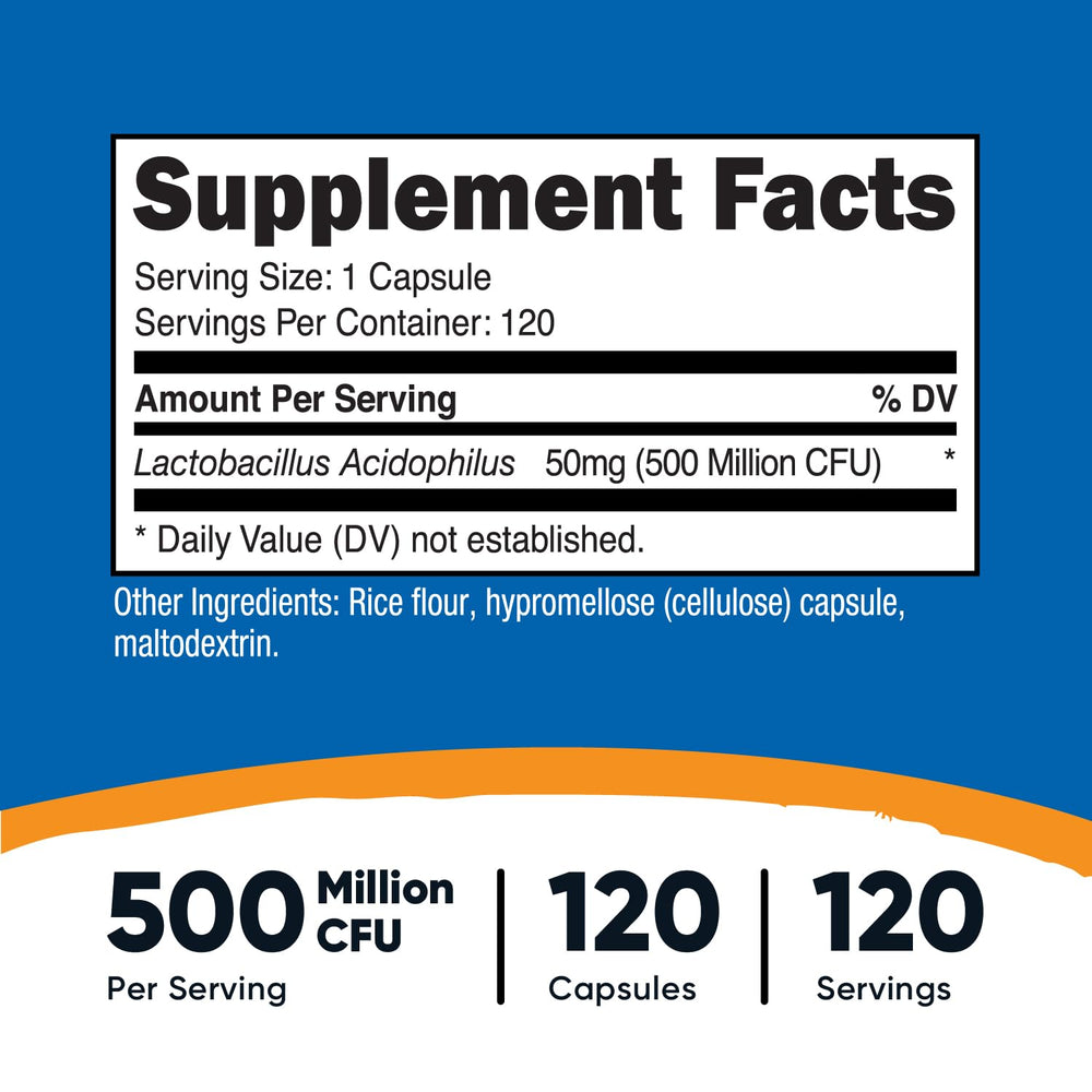 Nutricost Lactobacillus Acidophilus label detail shows 500 Million CFU per serving