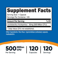 Nutricost Lactobacillus Acidophilus label detail shows 500 Million CFU per serving