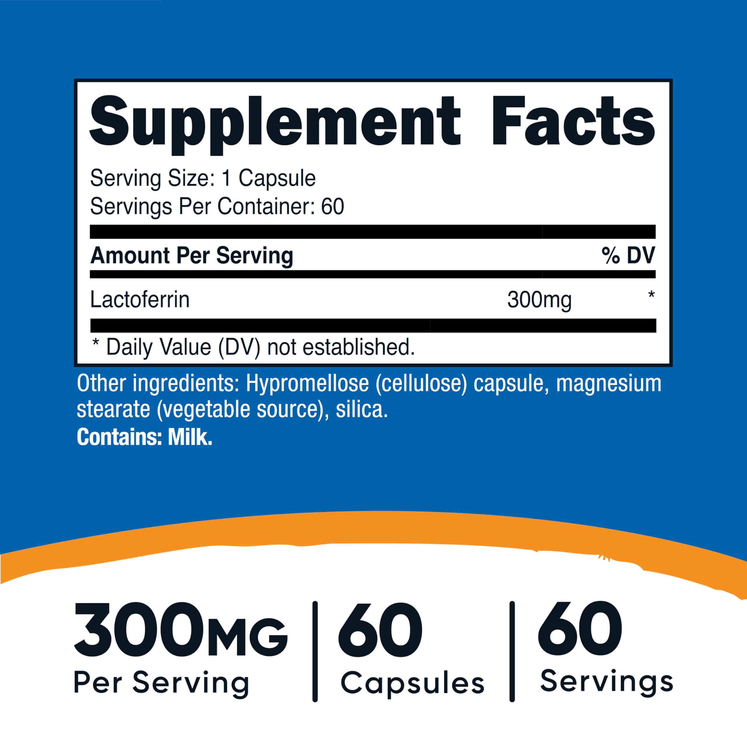 Nutricost Lactoferrin label highlights gluten-free vegetarian formula.